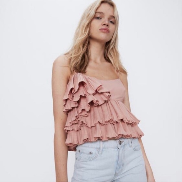 Zara Pale Pink Pleated Ruffle Top - Picture 1 of 8